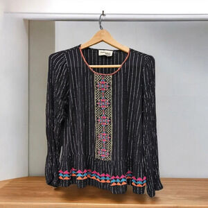 Savanna Jane Black Metallic Silver Peplum Blouse Embroidered Floral Small Boho